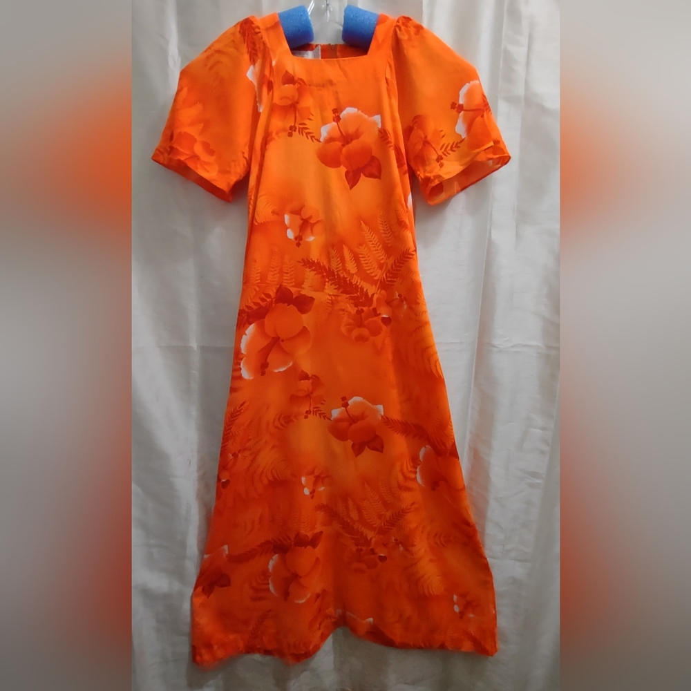 Kimo's Polynesian Shop 60s 70s Hawaiian Maxi Dress Orange Floral Size 8